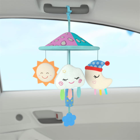Baby Pram Mobile Toy for Pack and Play - Car Roof Handle Toys with Soft Rattle for 0 Months+ (Sky)