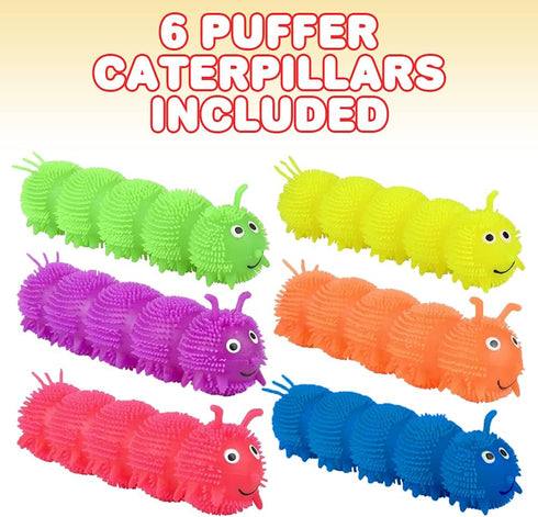 Set 6, 6 ArtCreativity Puffer Caterpillars, of Squeeze Toys for Children in Bright Colors, Kids Stress Relief Toys