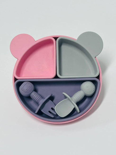 MIX COLOR SILICON BABY FEEDING SET, BABY LED WEANING SUPPLIES, BABY EATING SUPPLIES (Pink Grey Purple)