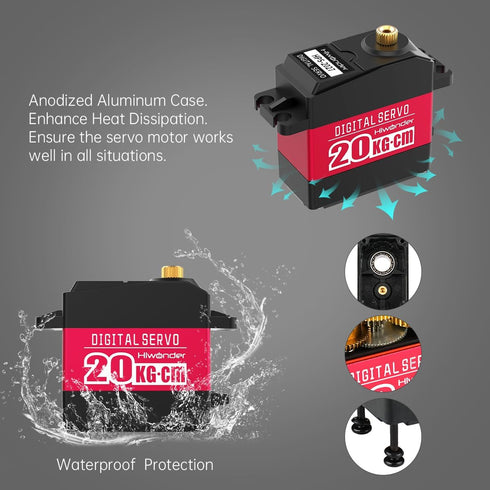 20KG High Torque RC Servo Motors, Waterproof Full Metal Gear Steering Servo for 1/6 1/8 1/10 1/12 RC Cars