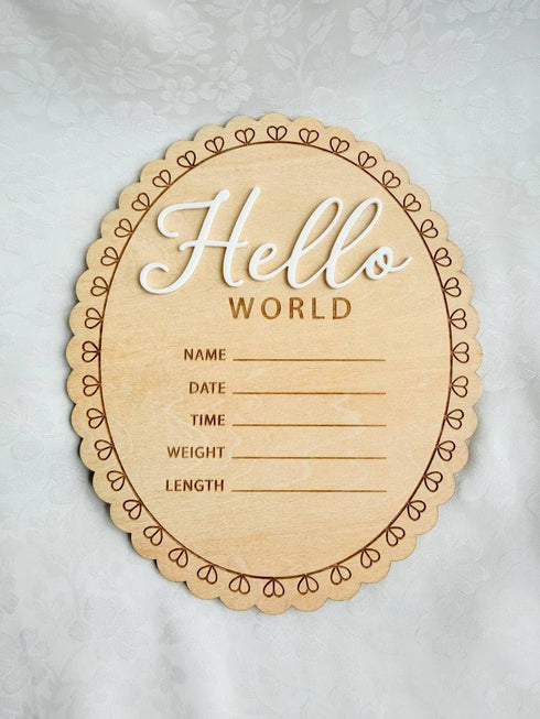 Kemmintvn Hello World Baby Wooden Ornament, Newborn Birth Announcement Plaque, Baby Milestone Keepsake, Nursery Decor