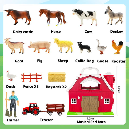 1-3, Playset 2 3 4 5 Red Barn Toys for Toddlers Farm Animal Figures with Tractor for Year Old Kids, Musical Preschool