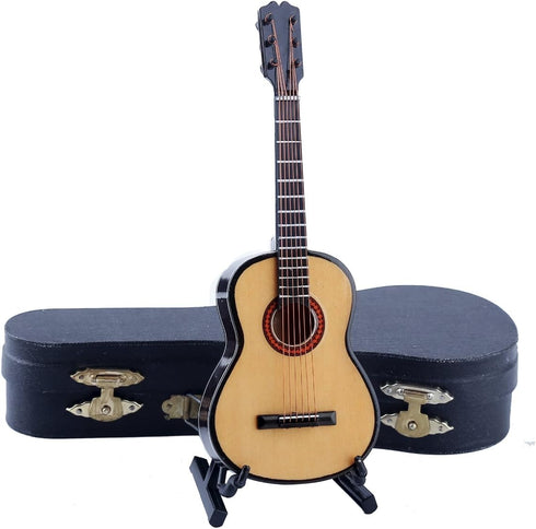Dselvgvu Wooden Miniature Guitar with Stand and Case, Mini Musical Instrument Dollhouse Model (6.51"x2.28"x0.89")