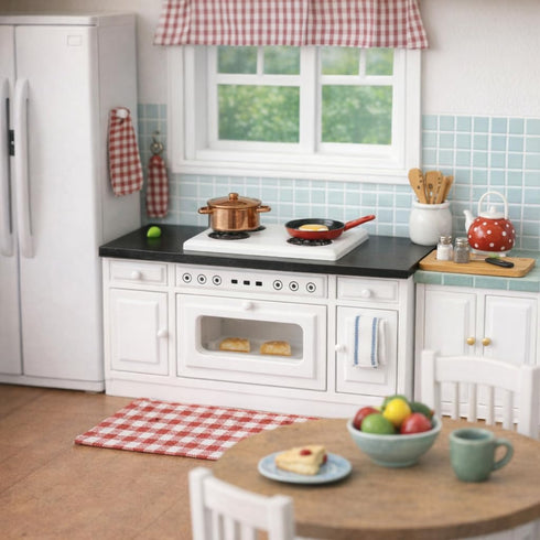 1:12 6 Inch Wooden Dollhouse Kitchen Stove, Mini White Oven with Burners and Range, Scale Cabinet Furniture for Dolls