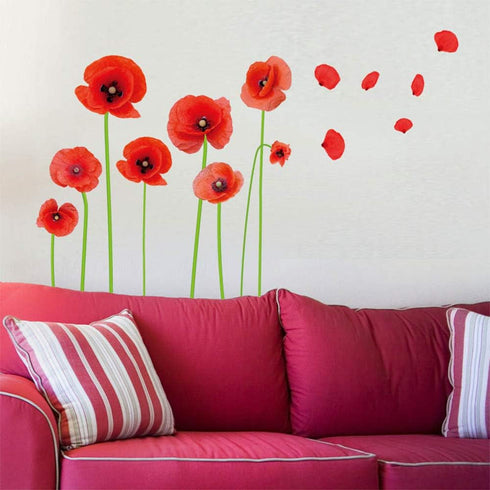 Esmee DIY Red Poppies Wall Decals, Beautiful Flowers Vines Stickers for Living Room Bedroom Nursery