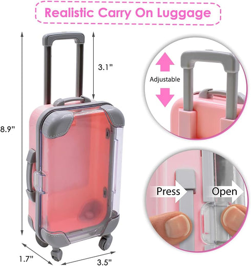 American Doll Travel Suitcase Play Set for 18 Inch Doll, Travel Carrier Luggage, Doll Clothes, Sunglasses, Camera,