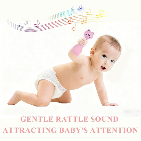 0-12 Baby Rattle Teething Toys Cat Silicone Teether Rattles for Baby Months Food Grade Silicone (Pink)