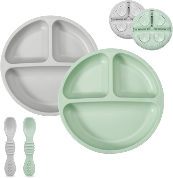 PandaEar Silicone Baby Feeding Set, 2 Pack Divided Suction Plate with 2 Pack Spoons, Baby Led Weaning Supplies