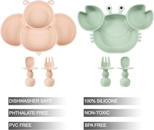 PandaEar 2 Pack Silicone Suction Plates for Toddlers Baby with 4 Spoons Self Feeding, Divided Unbreakable Toddler Plates with Suction, Baby Plates and Utensils Set, Baby Dishes, Green Crab & Pink Bee by PandaEar