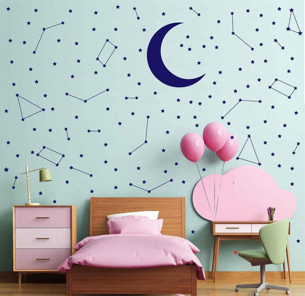 Melissalove 190 Gold Star Constellation Wall Decal, Kids Bedroom Removable Decoration, Navy Blue