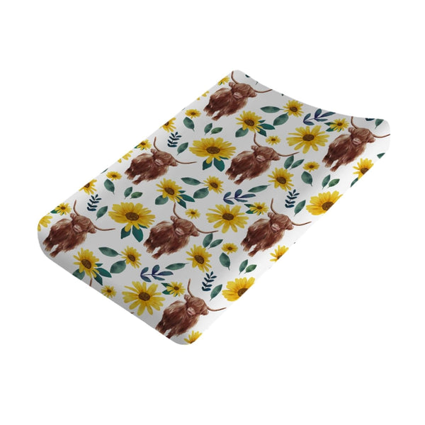Highland Cows Floral Changing Pad Covers, Soft Breathable Stretch for Baby Girls and Boys 32''x16'' Sunflowers