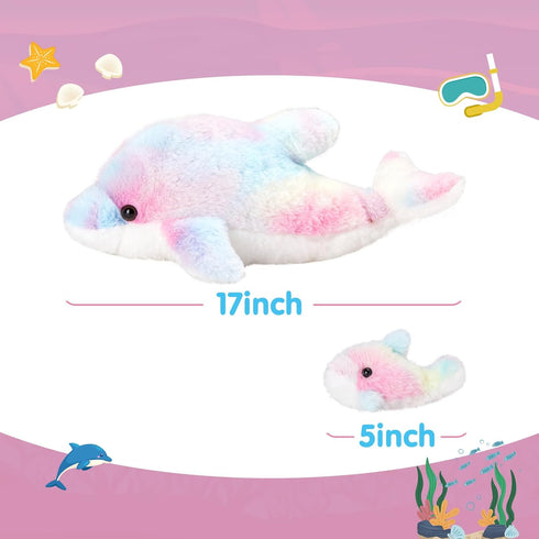 17-Inch 4 Set WEWILL Rainbow Dolphin Plush Toy with Baby | Soft & Cuddly Stuffed Family | Colorful Dolphin Plush Gift