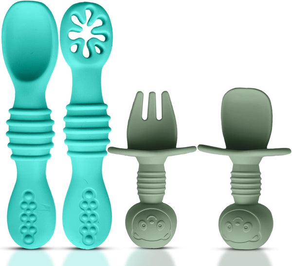 4pc Silicone Self Feeding Baby Utensils Set, 3 Baby Spoons and 1 Baby Fork, BPA Free, Dishwasher Safe (Blue/Green)