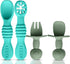 4pc Silicone Self Feeding Baby Utensils Set, 3 Baby Spoons and 1 Baby Fork, BPA Free, Dishwasher Safe (Blue/Green)