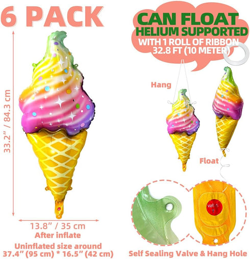 6 Pack Rainbow Ice Cream Cone Balloon Candies Sweetmeat Food Party Supplies For Birthday Wedding Baby Shower, Big Ice