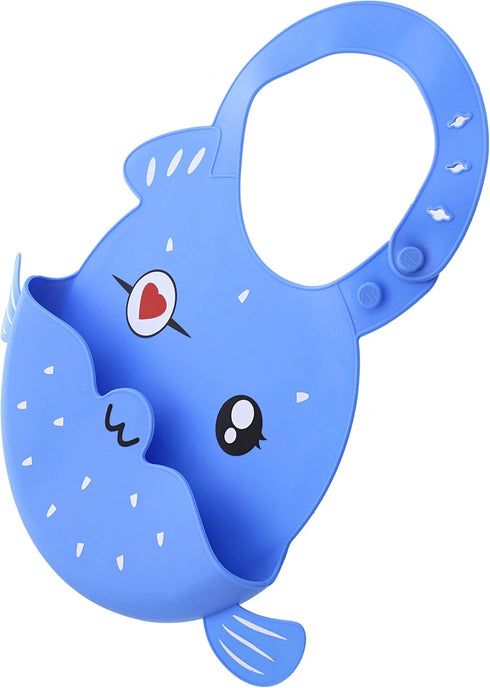 Silicone Bibs with Food Catcher Pocket, Adjustable Blue Fish Feeding Bibs with Trough for Littles