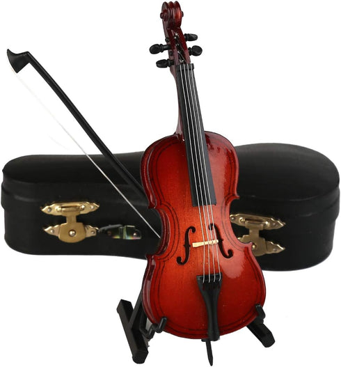 Dselvgvu Wooden Miniature Cello with Stand, Bow & Case - Mini Musical Instrument Dollhouse Model Decoration