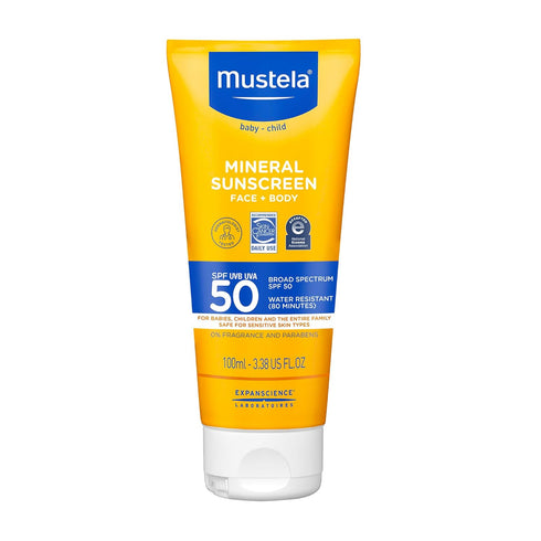 Mustela Baby Mineral Sunscreen Lotion SPF 50, Face & Body for Sensitive Skin, Water Resistant & Fragrance Free
