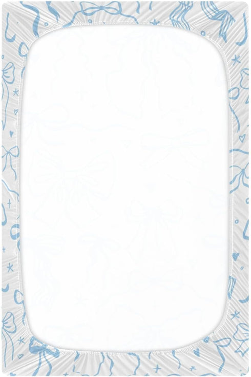 KICPOAY 52 28 Cartoon Doodle Blue Bows Fitted Crib Sheets Stretchy Portable Playard Sheets for Baby Toddler, Breathable