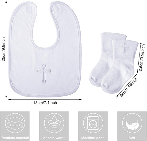 4 Set Jiuguva Pcs Baptism Gifts for Boys Girls, Christening Bibs and Socks White Embroidered Cross Baptism Outfit