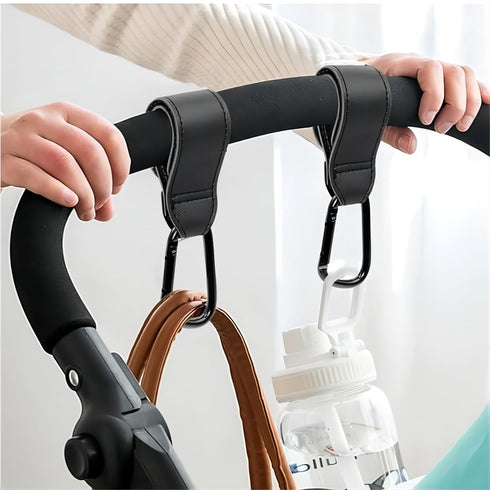 4PCS Multipurpose Stroller Hook Accessories, Leather Clips for Diaper Bags, Pet Carts, Grocery Bags, Black and Brown