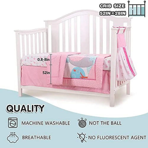 Set 4 Set Elephant Crib Bedding for Girls, Pieces Nursery Including Quilt/Fitted Sheet/Crib Skirt/Diaper Bag