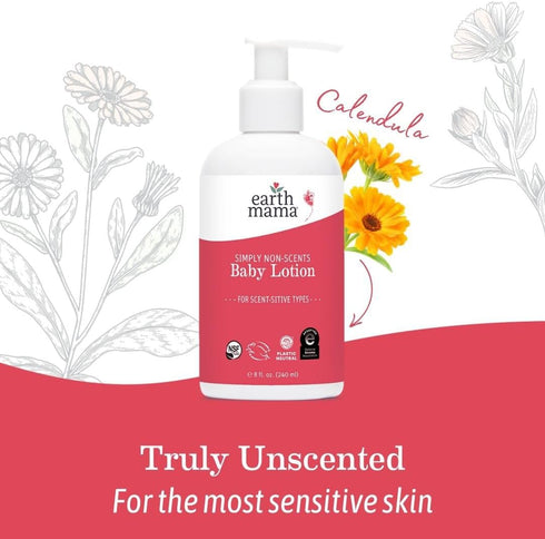 Earth Mama Simply Non-Scents Baby Lotion, 8-Fl oz - Organic Moisturizer for Dry Skin with Calendula Cream & Aloe