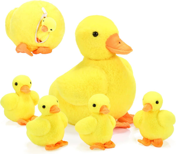 5 Pieces Duck Stuffed Animals Set, Big Mommy Duck with 4 Little Baby Plush Toys, Soft Family Plush Set (Yellow Duck)