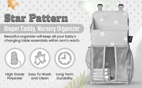 Star Pattern Diaper Caddy and Nursery Organizer for Newborn Baby Essentials, Hang on Crib, Baby Bed. Changing Table