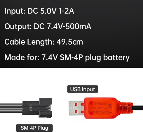 3PCS 7.4V SM-4P Plug USB Charging Cable for DE36W DE65 HM202 EC08 EC16 RC Car, Off-Road Vehicle, M416 Electric Gel Ball