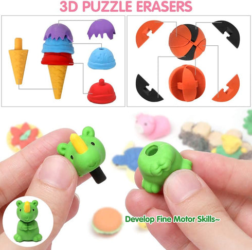 150 Pack Pencil Erasers, Animal Puzzle Erasers, 3D Mini Food, Vegetable, Sport, and Fruit for Kids