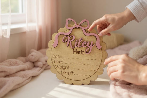 Personalized Baby Girl Birth Announcement Stat Sign with Bow Custom Round Wooden Name Plaque with Scalloped Edge
