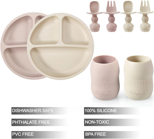 PandaEar Silicone Baby Feeding Set, 2 Pack - Divided Suction Plate, 2 Tiny Cup with Spoons, BPA Free, Light Tan/Pink by PandaEar