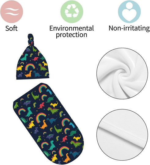 Nanyizly Set 0-6m Cute Simple Cartoon Dinosaurs Newborns Beanie Swaddle Blanket Baby Receiving Blankets for Infant Boy