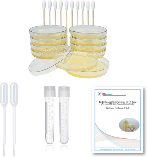 Bacteria Science Kit: Pre-poured LB Agar Plates, Cotton Swabs, E-Book for Science Fair Project with Award Winning