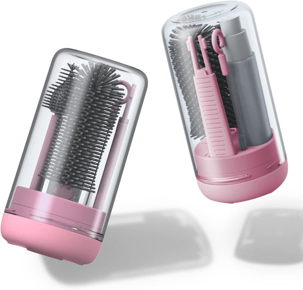 Travel Bottle Cleaner Kit with Baby Bottle Brush Set, Drying Base, and Soap Dispenser - Gift for New Moms (Peach Pink)