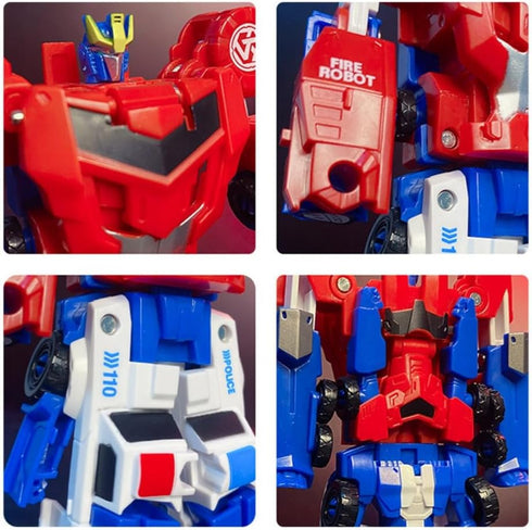 2-in-1 3+ Magnetic Robot Police Car & Fire Truck Transforming Toy - ABS Safe Magnetic Snap-On Action Figure for Kids