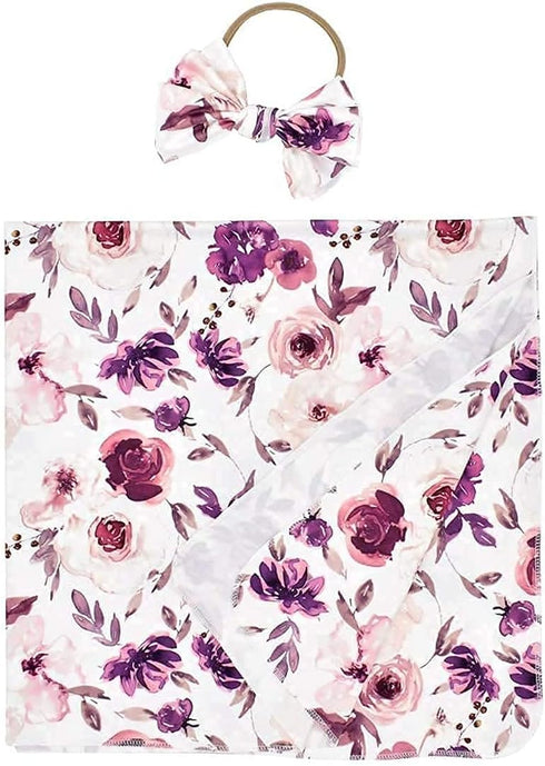 Baby Swaddle Blanket Newborn Girl, Swaddle and Headband Set with Purple Flowers Floral Print Wrap Shower Gift