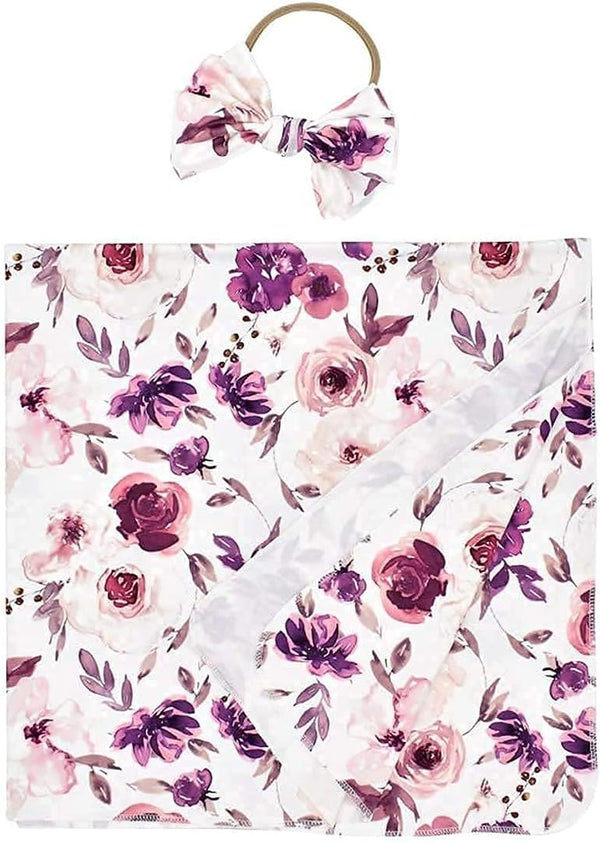 Baby Swaddle Blanket Newborn Girl, Swaddle and Headband Set with Purple Flowers Floral Print Wrap Shower Gift