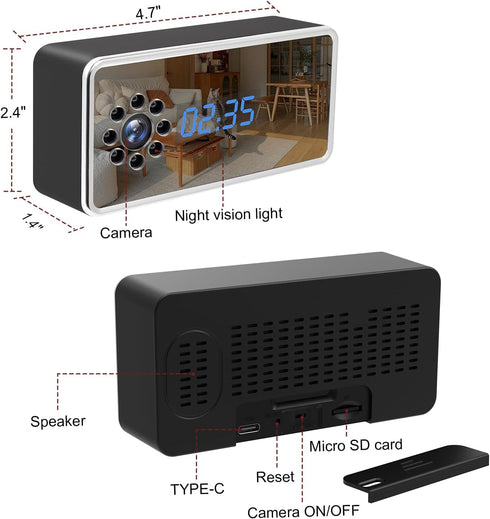TnoxHD 4K 24/7 Clock Camera HD Wireless Home Security Camera with Night Vision, Motion Detection Recording, SD/Cloud