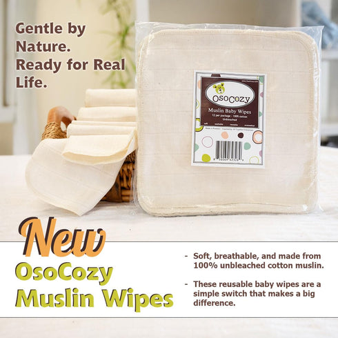 OsoCozy 12 Count 100% 15-Pack (9"x9" Muslin Baby Wipes Unbleached Cotton, Reusable Cloth Wipes for Sensitive Skin