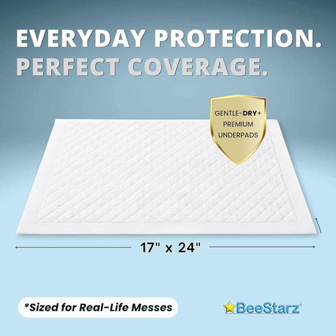 17 24 (50 Count) BeeStarz Gentle-Dry+ Disposable Underpads x Ultra Absorbent Baby Changing Pads, Leakproof Bed Pads