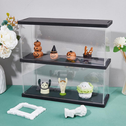 SUPERFINDINGS Clear Minifigures Display Case, Acrylic 2 Tier Showcase with Black Base for Models, 27.3x30x9.8cm