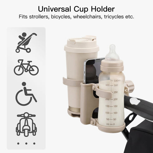 3 1 360 Gromast in Foldable Stroller Cup Holder with Phone Holder, Rotatable Bottle Holder, Universal Cup Holder