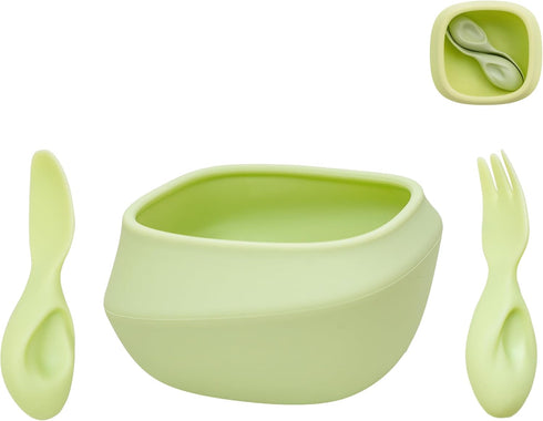 Toddler Utensils Set, Baby Essentials with Bowl, Fork, and Spoon for 12M+ Self-Feeding, Green
