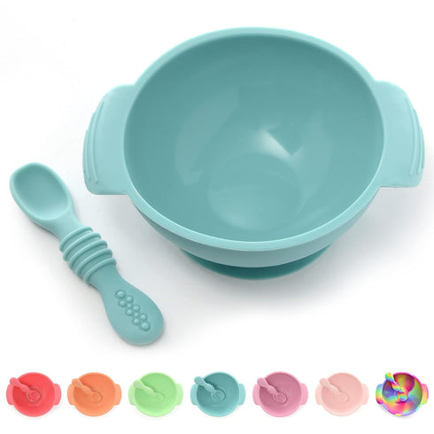 PrimaStella Unbreakable Silicone Non-Slip Bowl and Chew Spoon Set for Babies and Toddlers (Blue)
