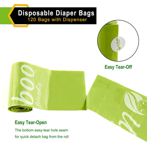 Baby Disposable Diaper Bags, Waste Bags 8 Refill Rolls/120 Bags with Dispenser, Convenient and Quick Diaper Disposal,