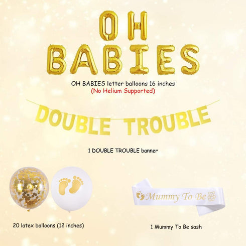 JOYMEMO Twins Baby Shower Decorations Set, Gold Theme, Double Trouble Banner, OH BABIES Balloons