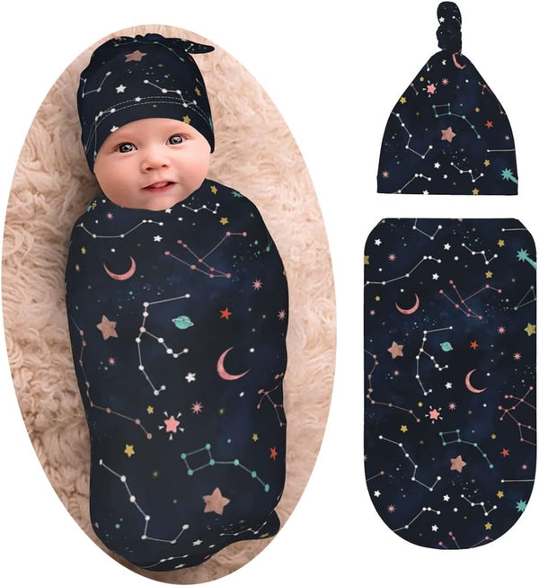 Space Galaxy Constellation Swaddle with Beanie Set, Soft and Stretchy Baby Stuff Blanket for Newborn Boy and Girl
