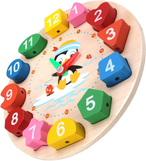 Clock Toy Wooden Teaching Clock, Penguin Pattern Educational Toys for Toddlers Teaching Time Number Puzzle Stacking.